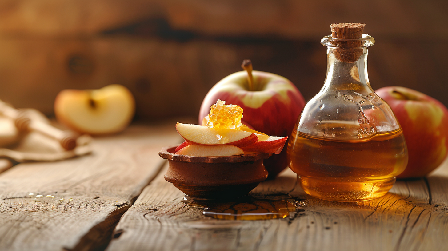 Apple cider vinegar in glass bottle with fresh apples — blood sugar enzyme science