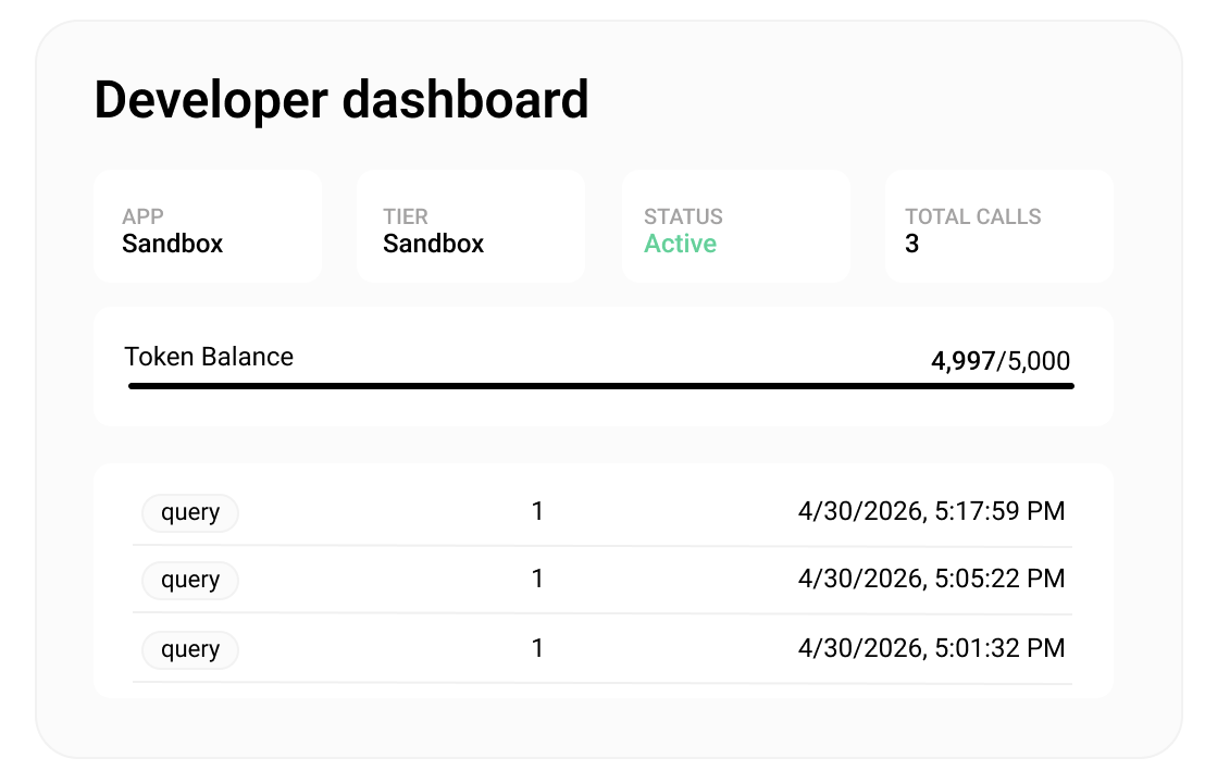 Developer dashboard showing API tier, status, token balance, and query history
