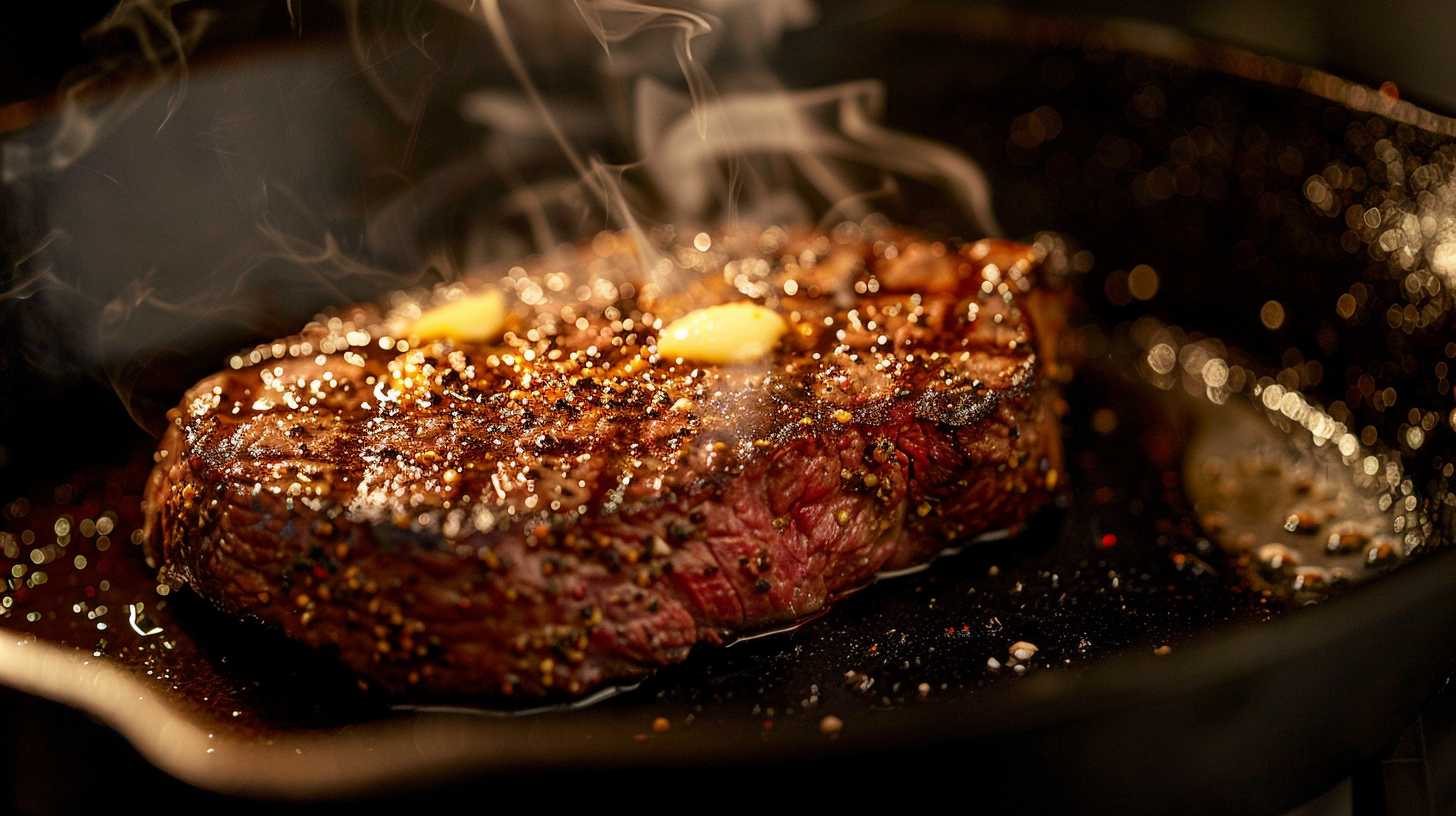 Seared steak with golden brown crust — Maillard reaction cooking science